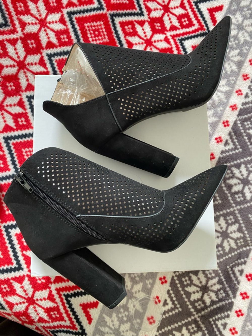 Black Perforated Pointed Toe Block Heel Ankle Boots - Women